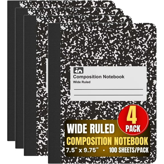 1InTheOffice Composition Notebook Wide Ruled, Marble Composition Notebook, 7.5" x 9.75" Notebook, 100 Sheets, Black, 4 Pack