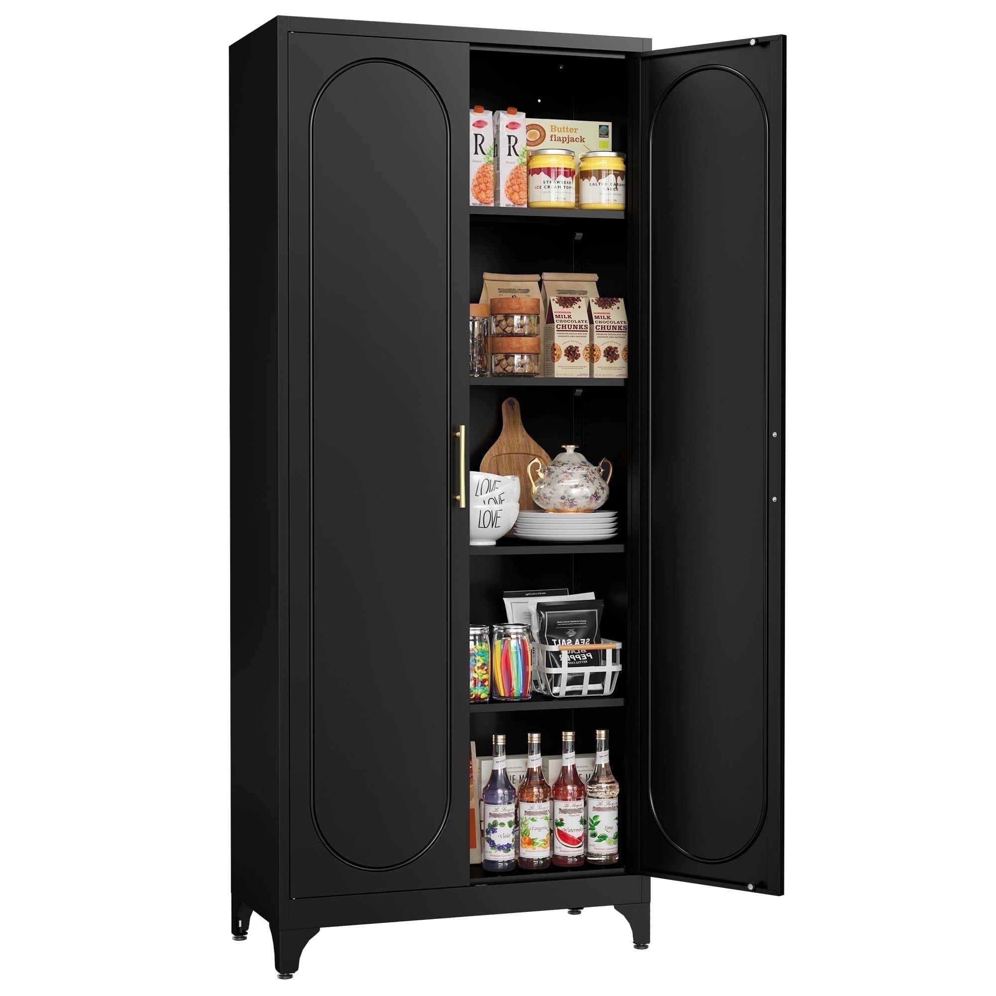 Polup Modern Metal Pantry Cabinet, 75" H, Adjustable Shelves and Doors, Black
