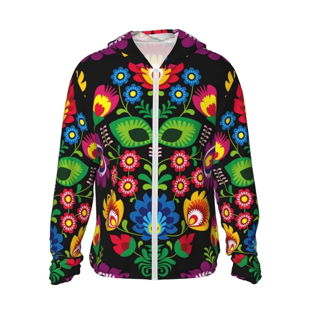 Fotbe Traditional Floral Polish Chaqueta con Protección Solar UPF 50+ para Hombre y Mujer, Camisa con Capucha y Bolsillos-Large