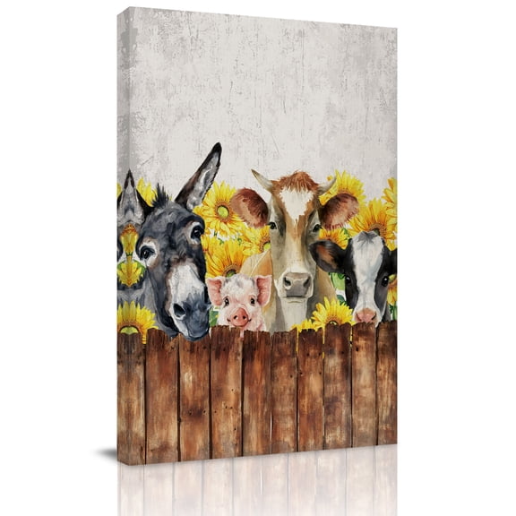 Farm Canvas Wall Art for Living Room, Vintage Farmhouse Donkey Pig Cow Sunflower Leaf Wood Fence Poster Print Painting for Bedroom Office Home Decoration Wall Pictures Prepare To Hang 10"x10"