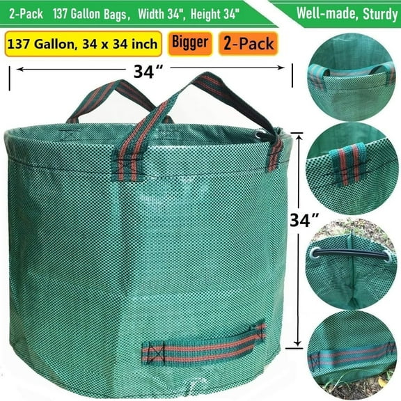 Professional 2-Pack 137 Gallon Lawn Garden Bags Large (D34, H34 inches) Yard Waste Bags W/Gardening Gloves, Big Leaf Bag,Yard Debris,Waste Container,Lawn Weeds,Grass Clippings Bag,Trash Bag 4 Handles