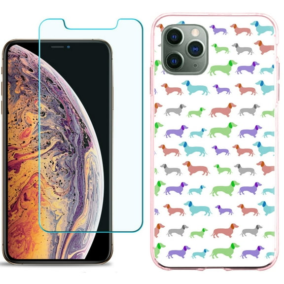 For Apple iPhone 11 PRO Case, Slim-Fit TPU Protective Phone Case (Pink Bezel) with Tempered Glass Screen Protector, by OneToughShield ® - Colorful Dachshund/Puppy
