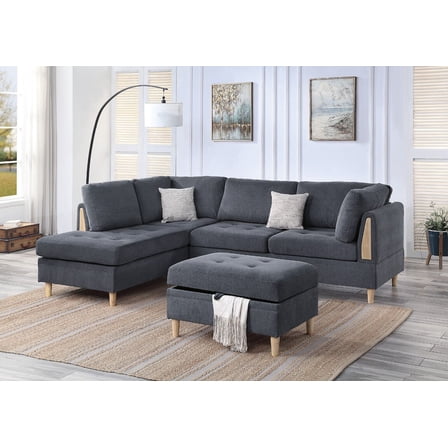 Simple Modern 3pc Sectional Set Charcoal Chenille Fabric Corner Sectional Sofa Reversible L/R Chaise and Ottoman Living Room