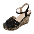 thumbnail image 1 of Womens Platform Sandals Wedge Ankle Strap Striped Heel Open Toe Sandals Black, 1 of 9