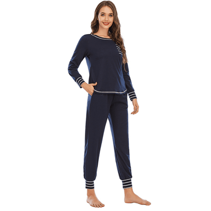 Pyjama femme viscose dentelle bleu marine confort thermique manches longues ajusté