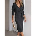 thumbnail image 4 of Women's Long Sleeve Sweater Dress Side Split Bodycon Dresses Fall Midi Long Deep V Neck Fitted Spring Casual, 4 of 8
