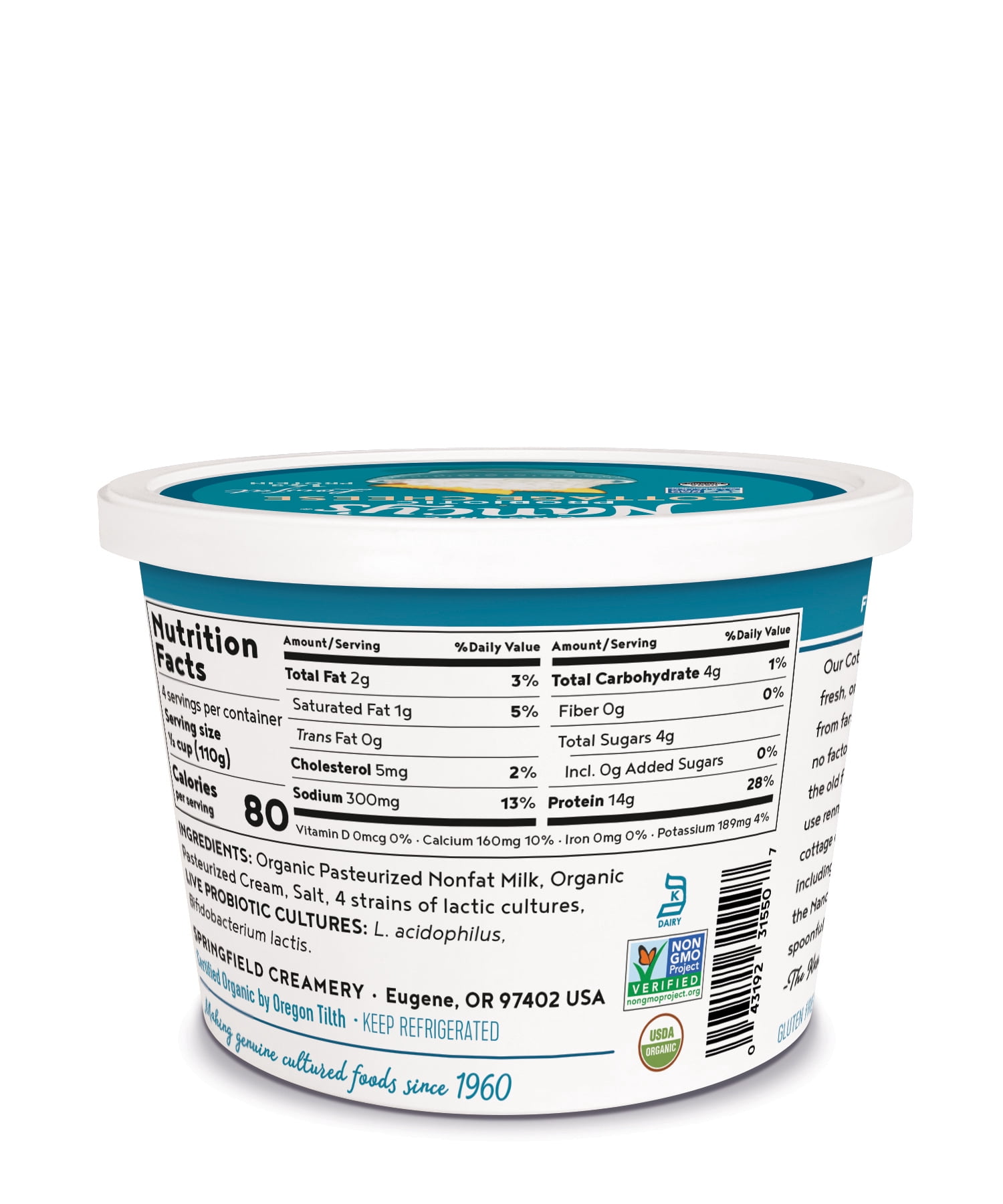Nancy's Organic Low-Fat Probiotic Cottage Cheese, 2% Milk Fat, 14g Protein, 16 oz Tub