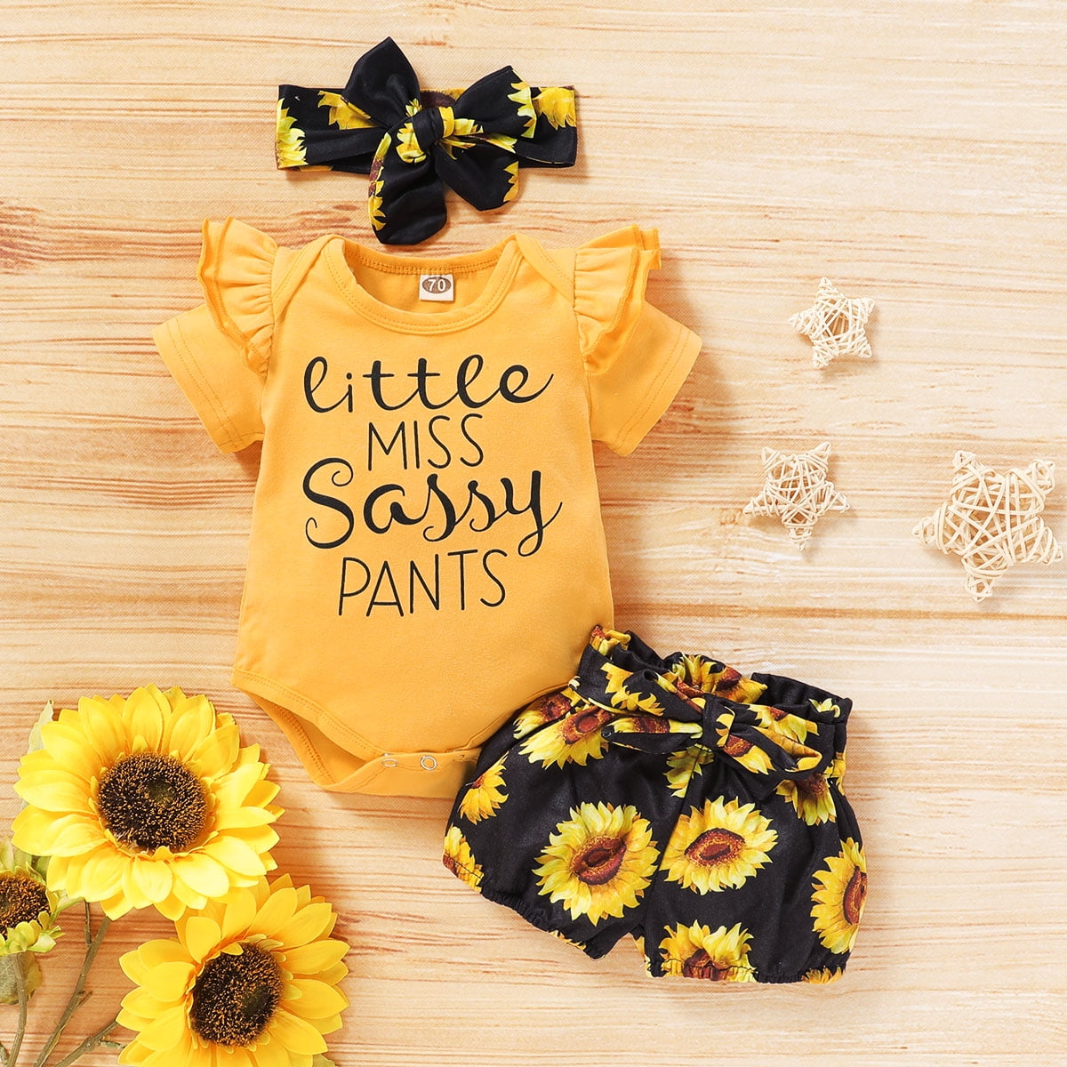 3PCS Newborn Baby Girl Letter Tops Floral Sunflower Shorts Headbands Outfits Set 