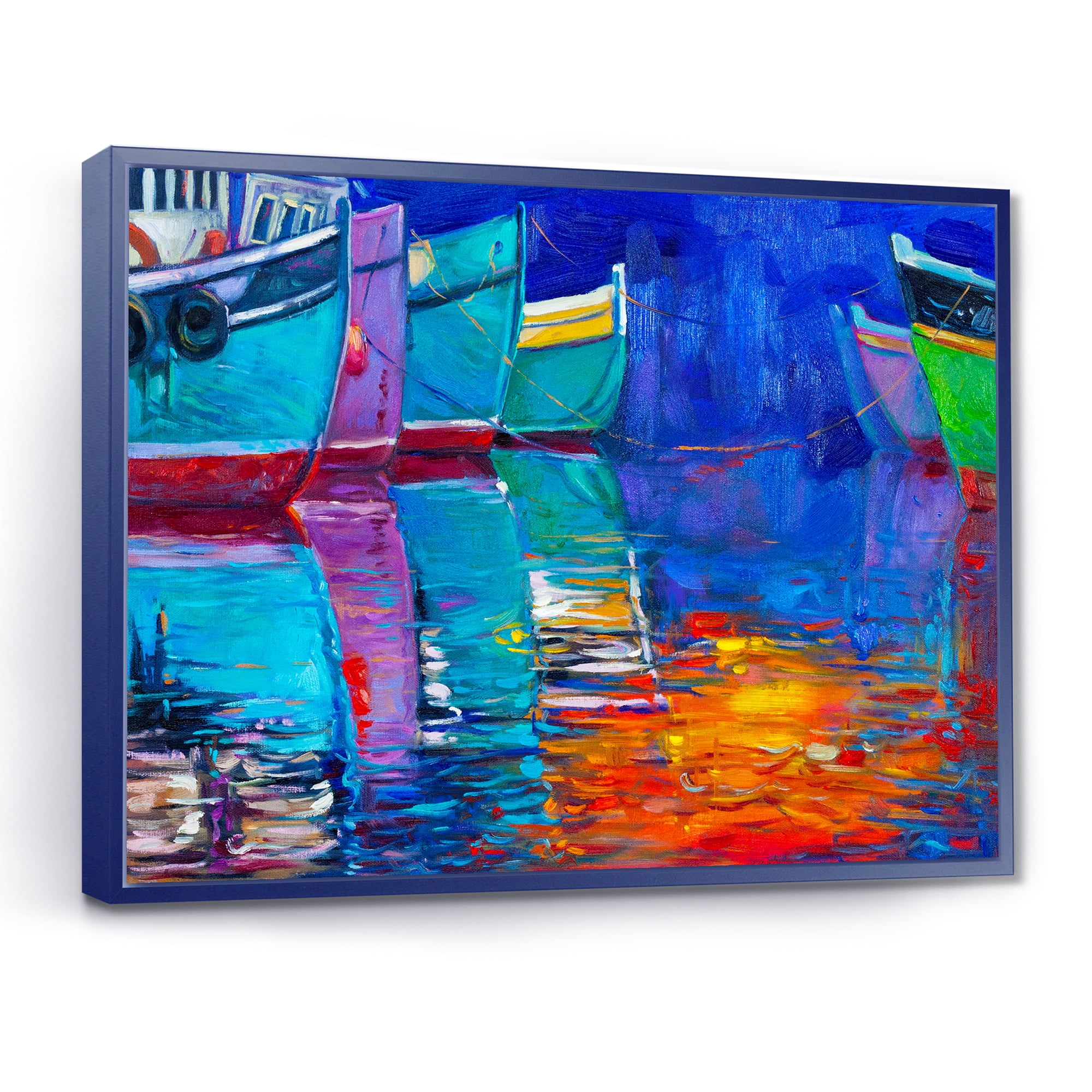 Boats During Warm Sunset Resting On The Water I 32 in x 24 in Framed Painting Canvas Art Print, by Designart
