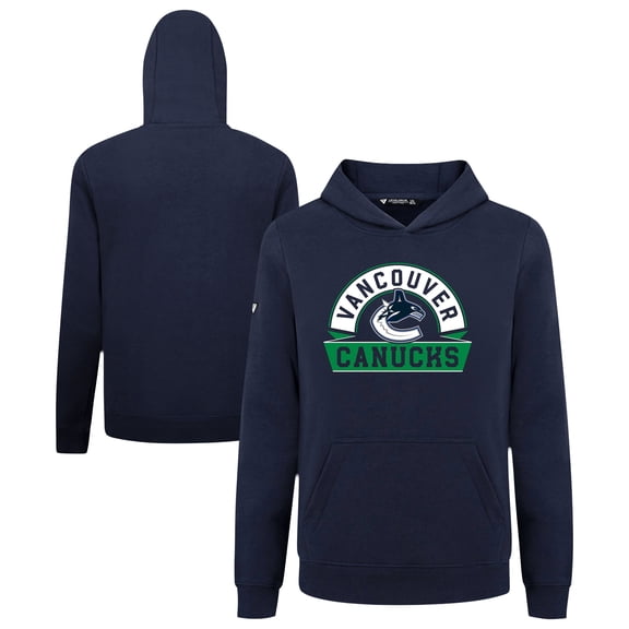 Youth Levelwear Navy Vancouver Canucks Podium Banner Arch Pullover Hoodie