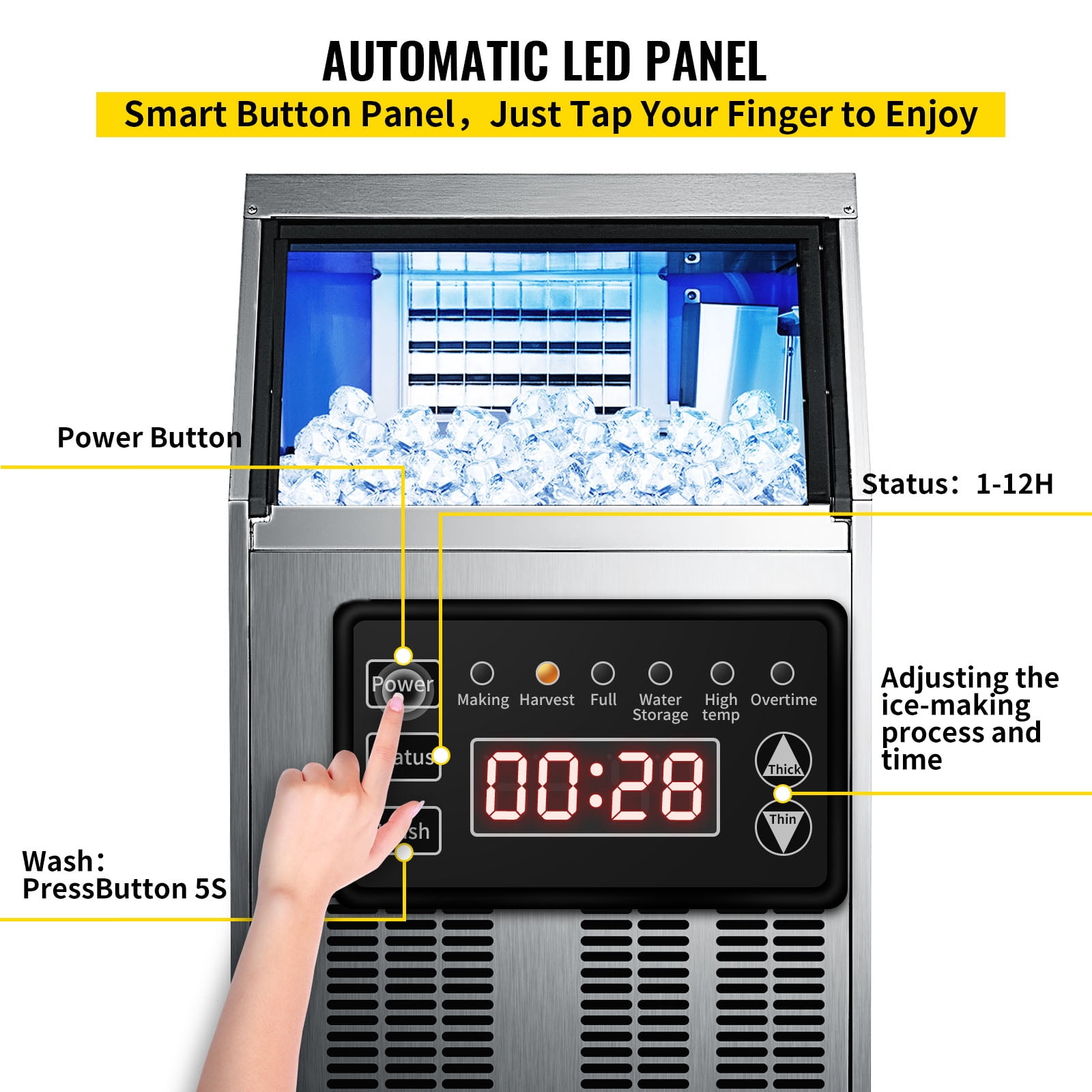 KFFKFF 110V Commercial Ice Maker 90lbs/24H with 22lbs Bin, Full Heavy Duty Stainless Steel Construction, Automatic Operation, Clear Cube for Home Bar
