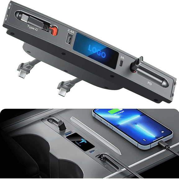 Car USB Charger for Tesla Model 3 Model Y 2024 2023 2022 2021, Upgrade Touch Switch Model 3 Model Y USB Hub with Retractable Cable for Tesla Interior Accessories (Not fit Model 3 2024 Highland)