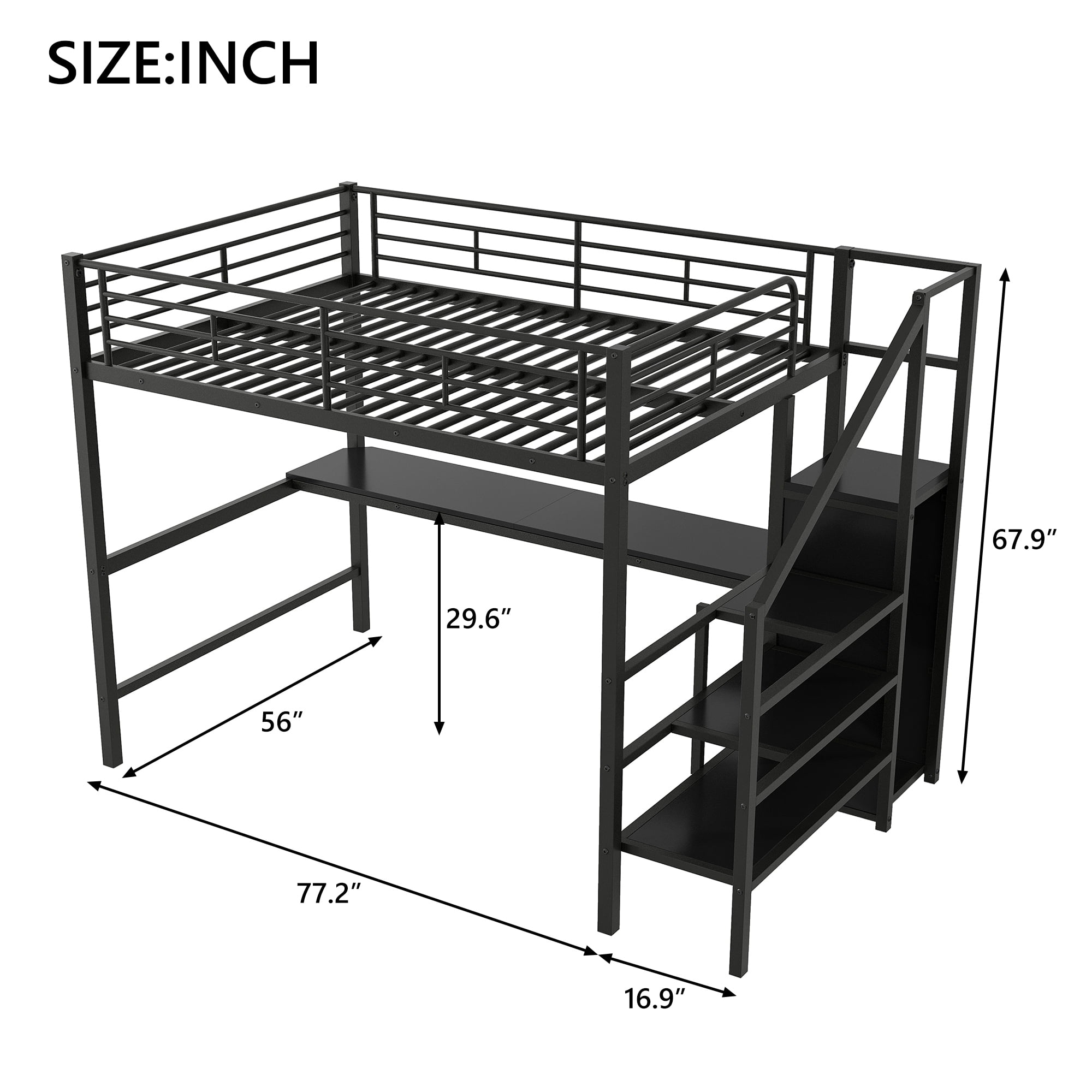 Euroco Metal Full Size Loft Bed with Desk and LED Light, Storage Staircase and Open Wardrobe, Black