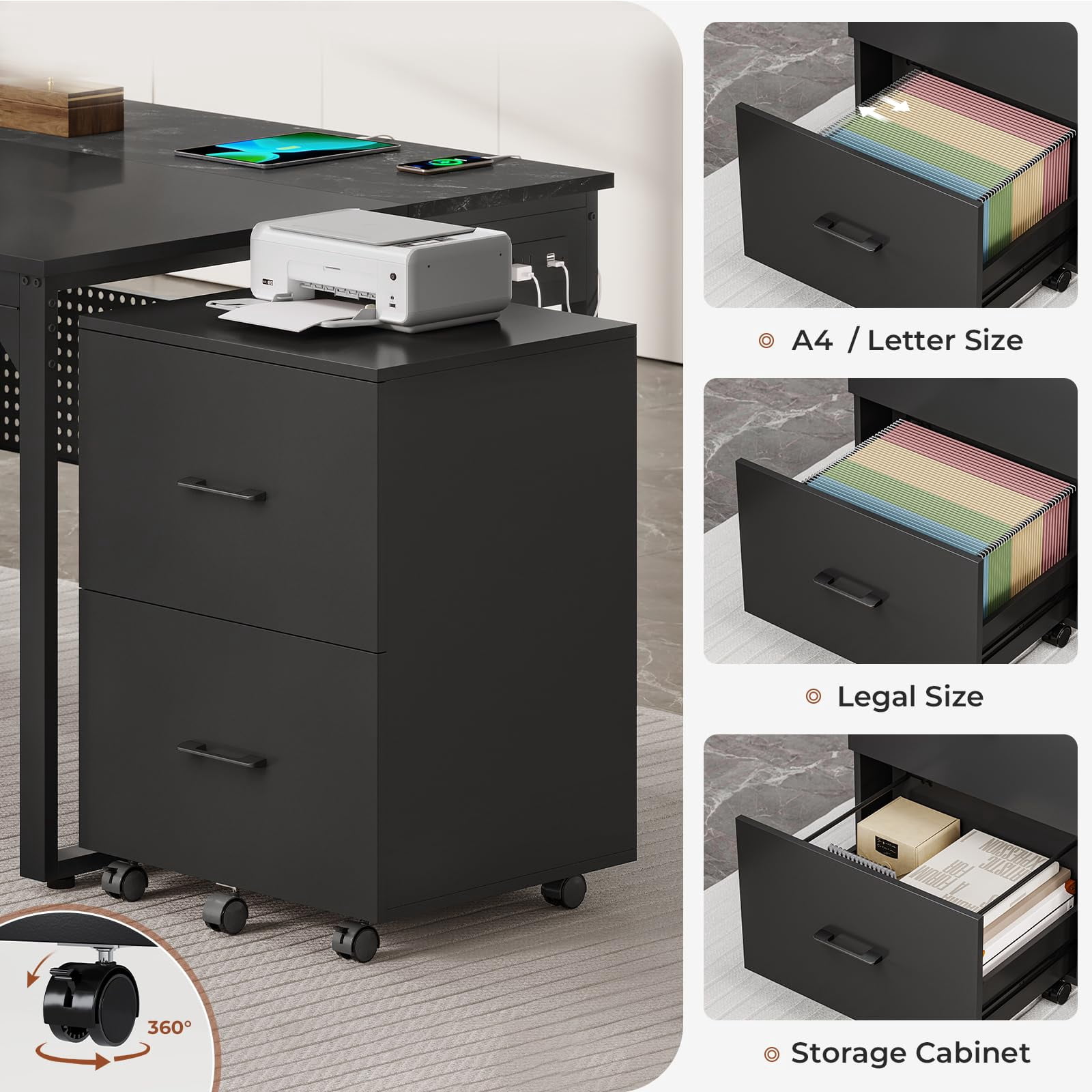 71" Executive Desk with Rolling File Cabinet, L Shaped Reversible Home Office Desk with Power Outlets, Drawers, Shelves, Hooks, Black