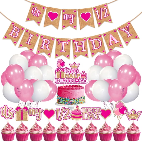 37 Pieces 6 Months Birthday Decorations its my Half Birthday Paper Banner 6 Month Cupcake Topper Pick 1/2 Half Year Cake Topper Balloons for Girl Boy Baby Shower Pink