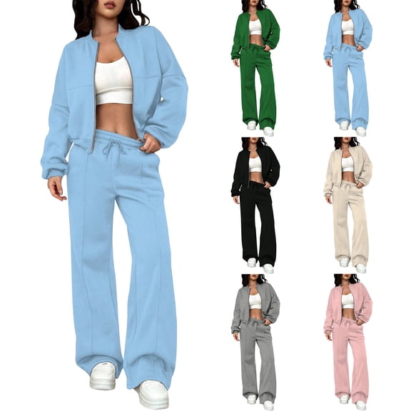 Womens 2 Piece Tracksuit Fall Fashion Long Sleeve Zip Up Crop Sweatshirt Long Pants Outfits Jogger Sweatsuit Sets Sky Blue S