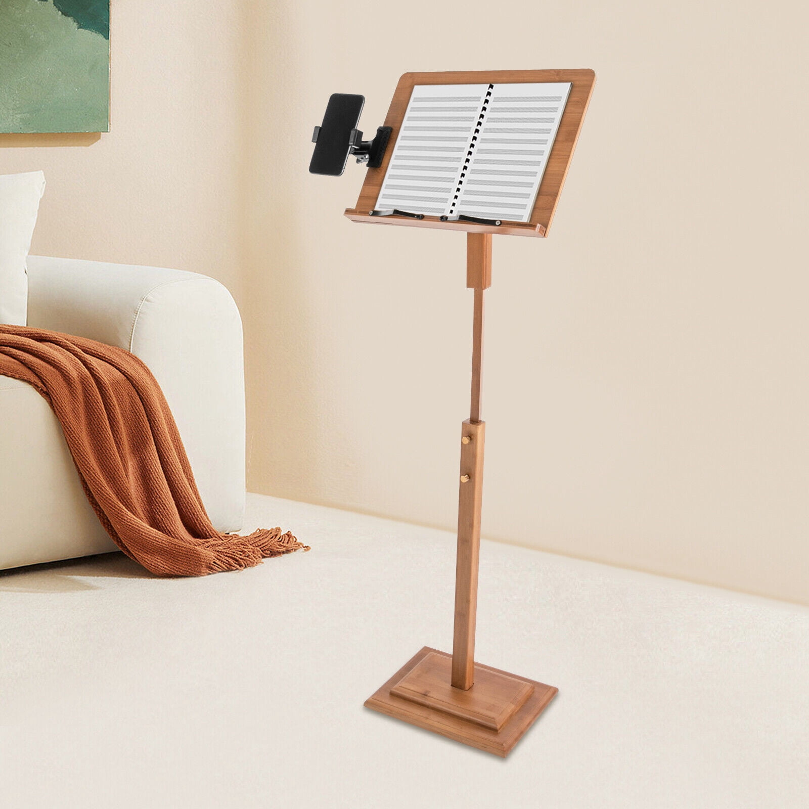 Bamboo Music Stand, Music Organizer with Mobile Phone Holder, Book Holder, Sheet Music Stand, Laptop Stand for Conductor Lectern Guitar Violin Piano, Adjustable Angle