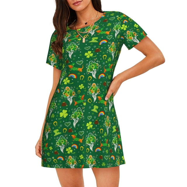 Fotbe St. Patrick's day Bata de Dormir para Mujer con Estampado, Camisón de Algodón de Manga Corta, Ropa de Dormir Casual
