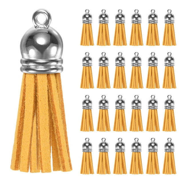 Uxcell 50-Pack Borlas de Suede Sintético de 1.4 Pulgadas para Llaveros Amarillo con Anillos para Manualidades de Bricolaje