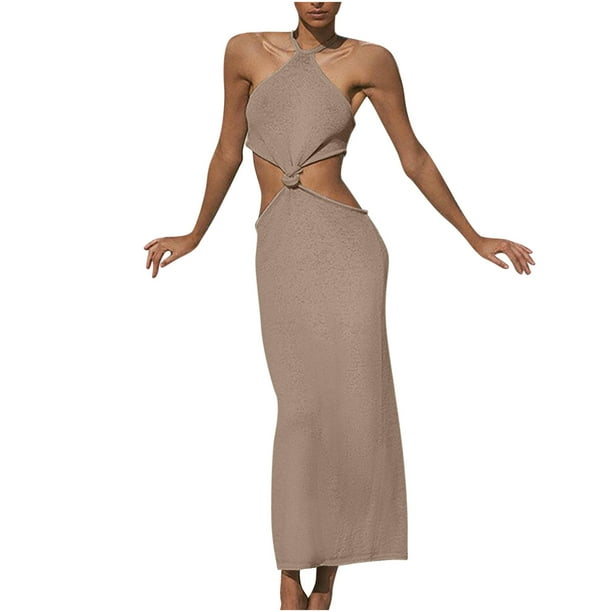 Moda mujer fiesta sólido sin mangas halter sin tirantes chaleco vestido largo Fridja hj3006