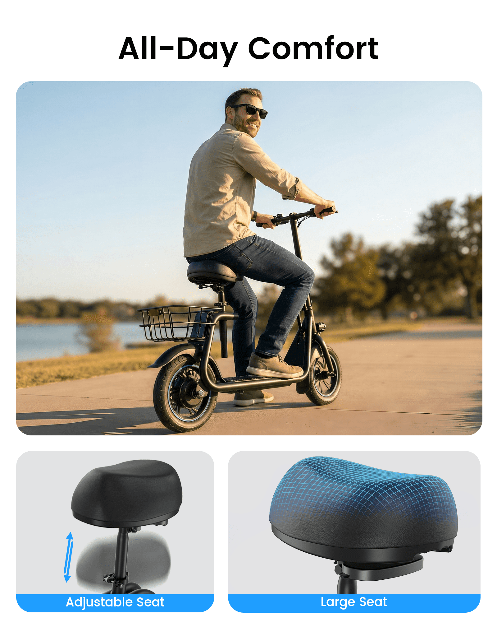 MIHOVER Electric Scooter with Seat for Adults & Seniors, 450W Comfortable Commuter Scooter with Basket, 12" Tires, 15 Mile Range, UL2272 Certified - Black
