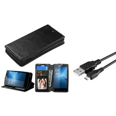 Insten Leather Wallet Cover Case with Stand & Card slot For Coolpad Rogue - Black (+ USB Data Sync Charge