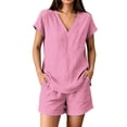 thumbnail image 2 of Pounoo Sets for Women 2 Piece V Neck Short Sleeve Top Elastic Waist Shorts Casual Summer Beach Vacation Matching Outfits, 2 of 9