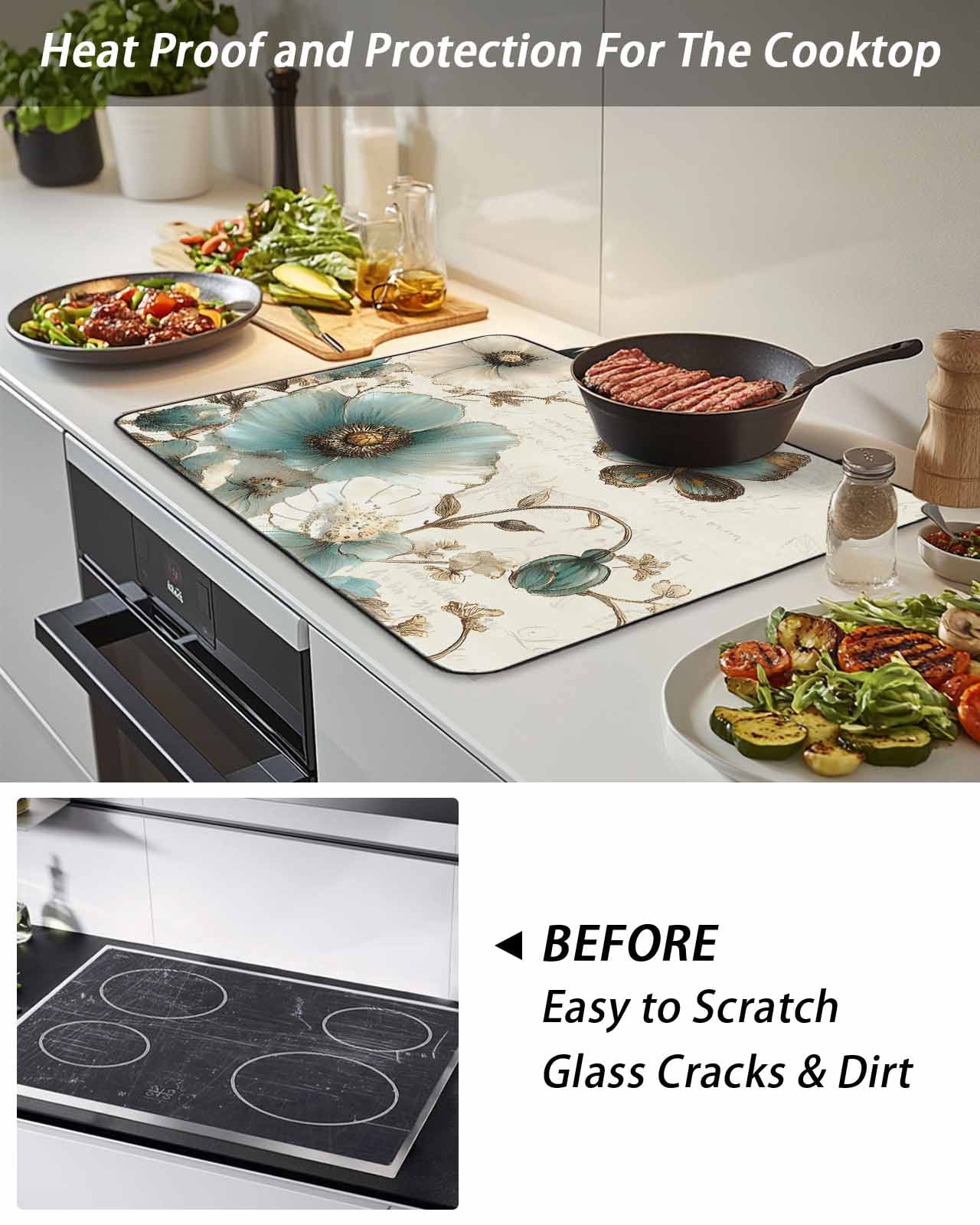 Stove Top Covers for Electric Stove, Vintage Flowers Glass Stovetop Cover Protector, Spring Floral Teal Tulip Butterfly Induction Cooktop Protector Oven Mat for Kitchen Countertop 24"x21"