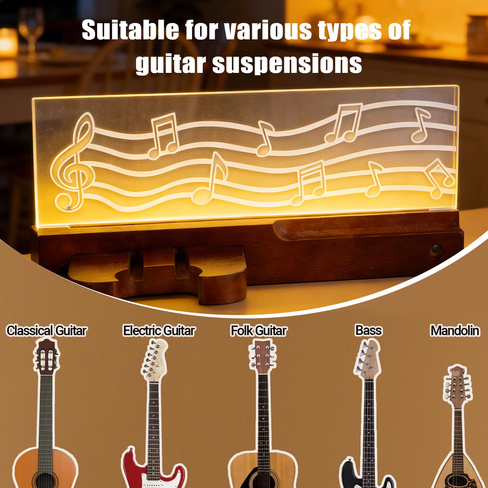 Btidfty Led Wall Mounted Guitar Rack with Shelf & Pick Holder Wood & Acrylic Light Up Guitars Holder Creative Guitar Hanger Stringed Instruments Display Stand