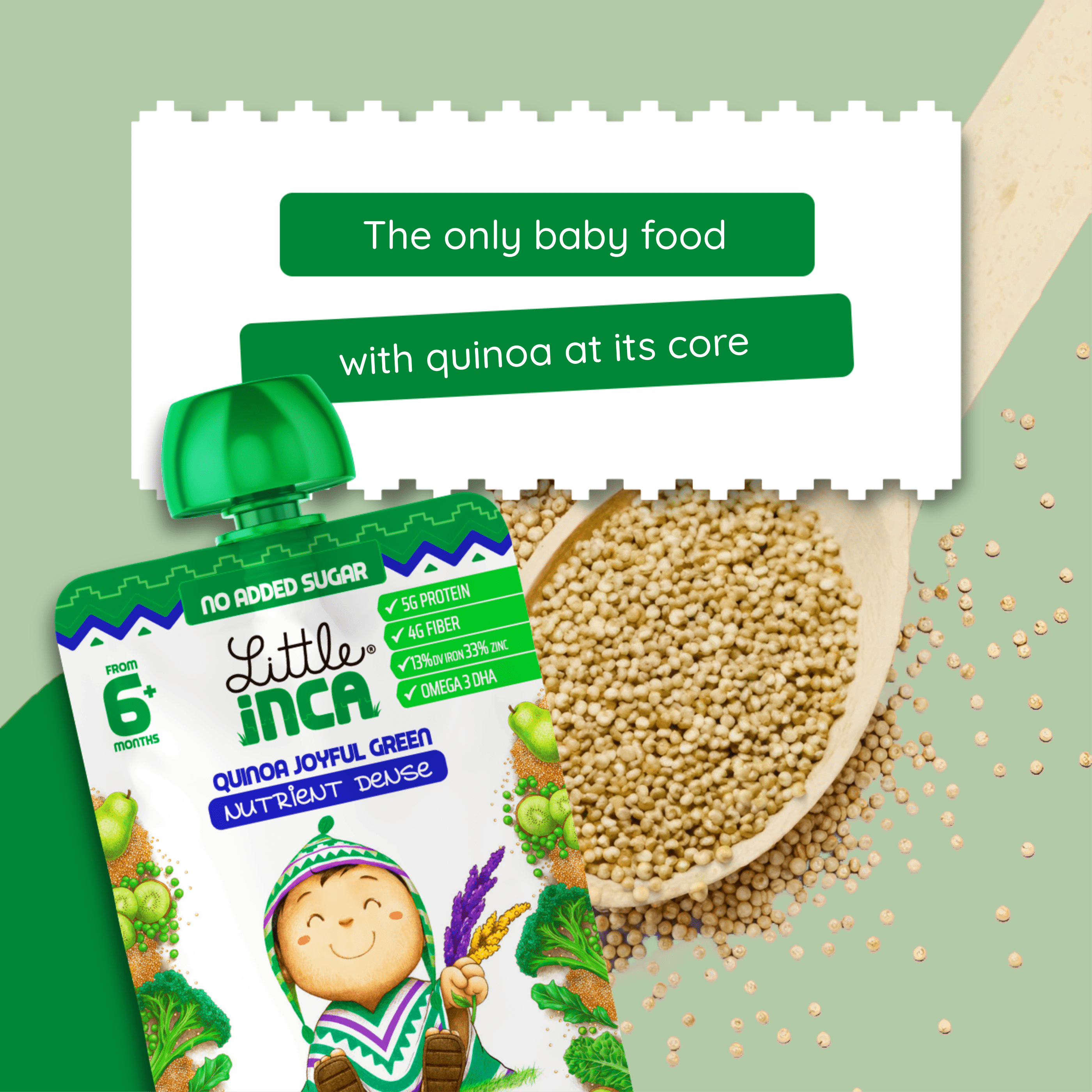Little Inca Stage 2 Baby Food Pouches, Quinoa Joyful Green Baby Puree, Plant Based High Protein, Dairy-Free, 6 x 3.5oz
