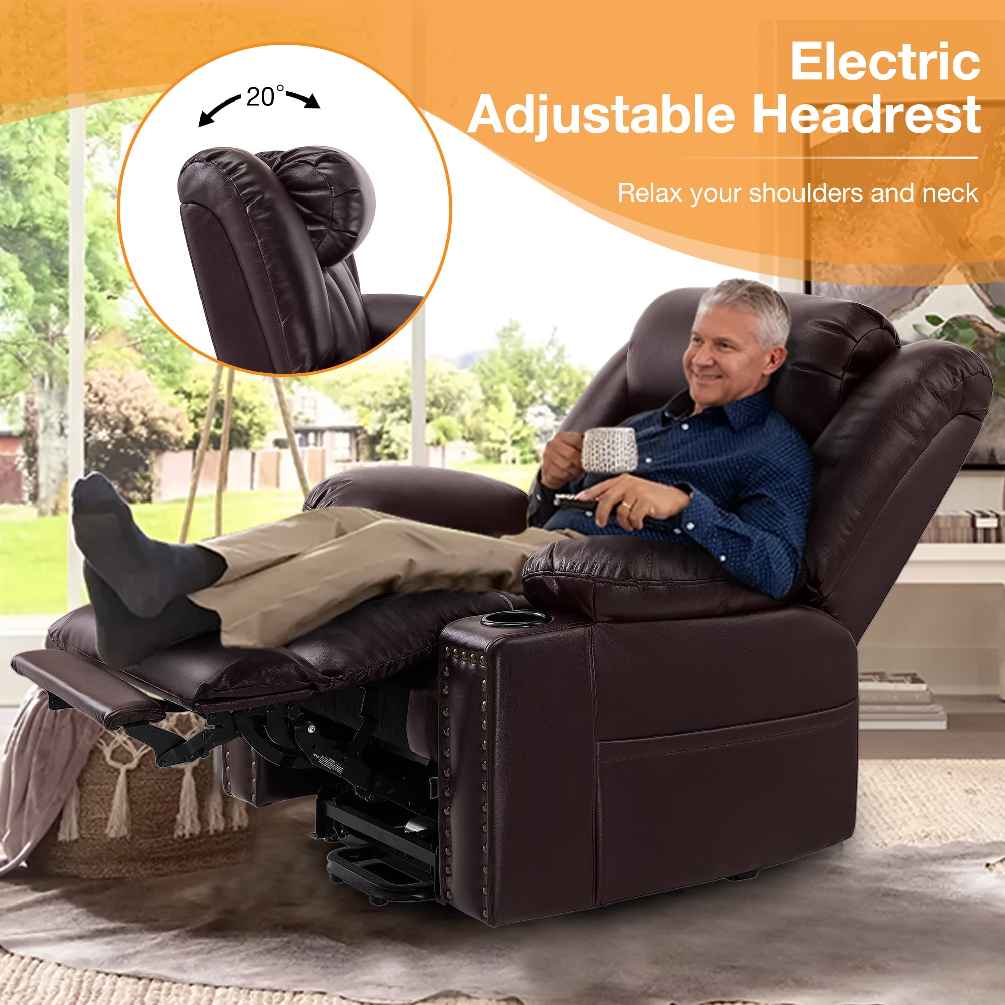 Triple Motor Large Power Lift Recliner Chair for Elderly with Heat and Massage, Lay Flat Lift Chairs for Seniors Infinite Position, Extended Footrest, USB Ports, Cup Holder, Faux Leather