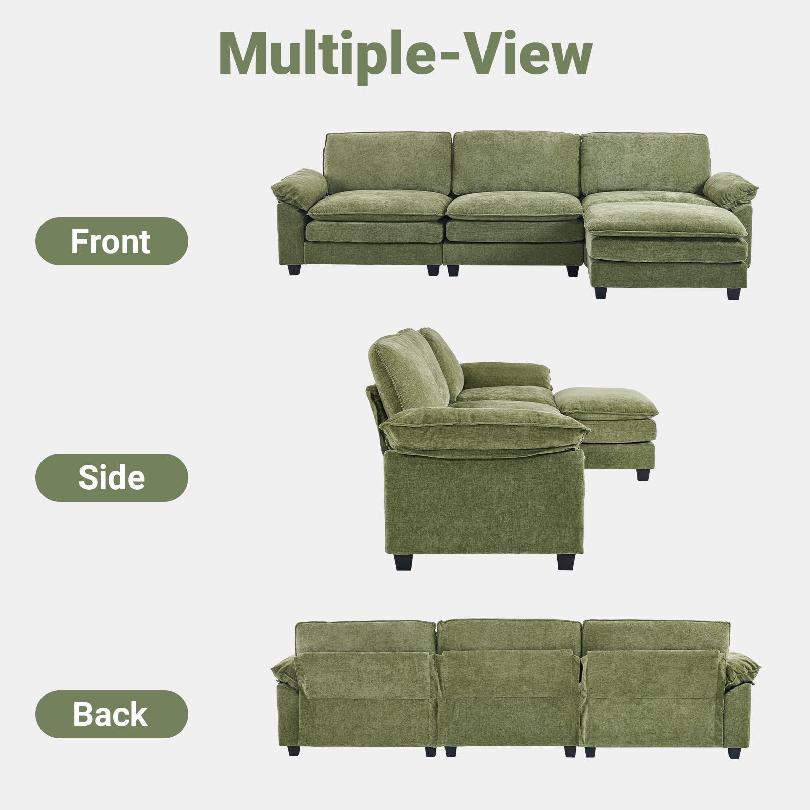 Ktaxon Sectional Sofa L Shaped Couch with Chaise Living Room Sleeper Set, 3 Seats with Chenille and Double Layer Cushions 120" W Olive Green