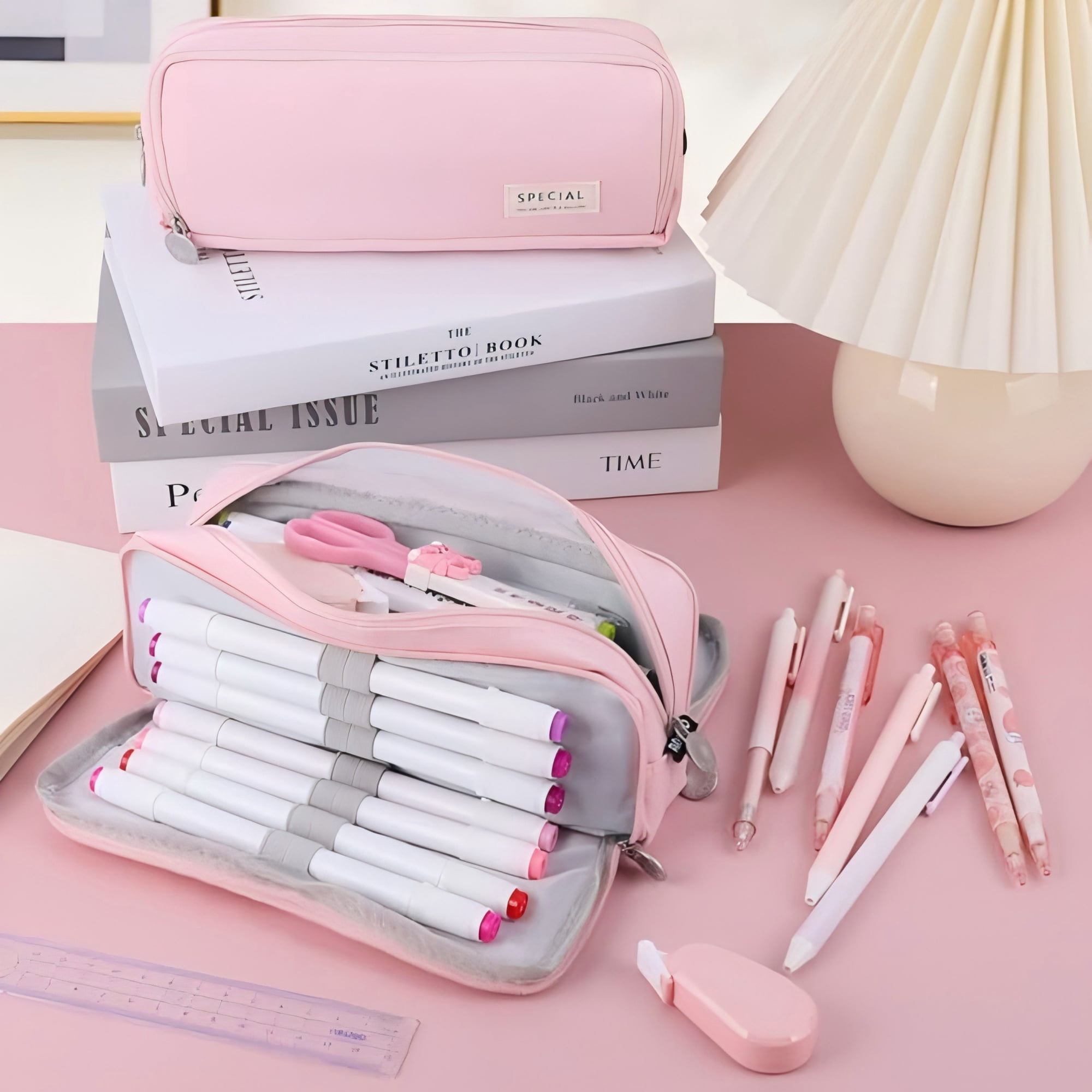 Heluo.Zu Office Pencil Case,Colored Pencils Pouch for Students Stationary,3 Compartments Canvas Pencil Bag Pencil Boxes with Zipper,Pink