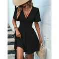 thumbnail image 3 of Women V Neck Mini Dress Summer Ruffle Sleeves A Line Elastic High Waist Flowy Swing Dresses Black XL, 3 of 7