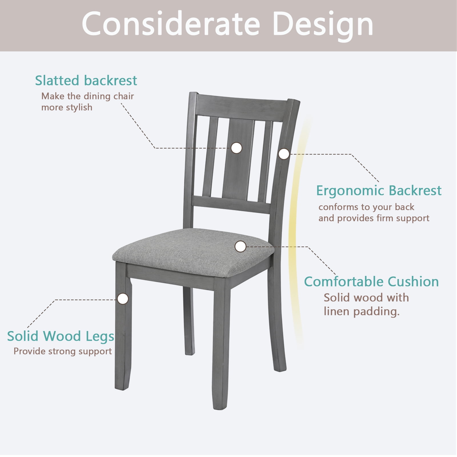 MAYEERTY Wooden Dining Chairs Set of 4, Kitchen Chair with Padded Seat, Upholstered Side Chair for Dining Room, Living Room, Gray