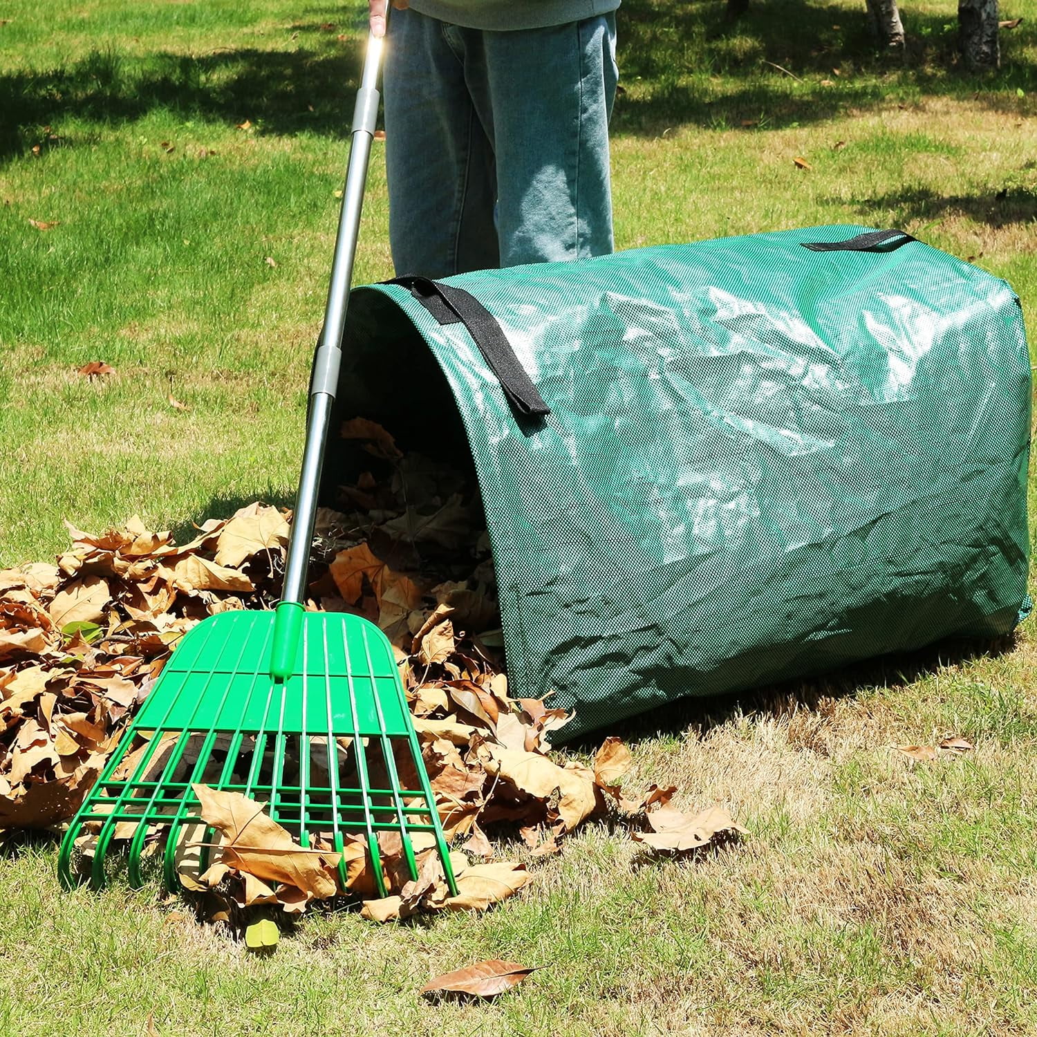 Gardzen 12 Tines Gardening Leaf Rake, Lightweight Steel Handle, Detachable, Ideal Camp Rake, Comes with Dustpan-Type Garden Bag
