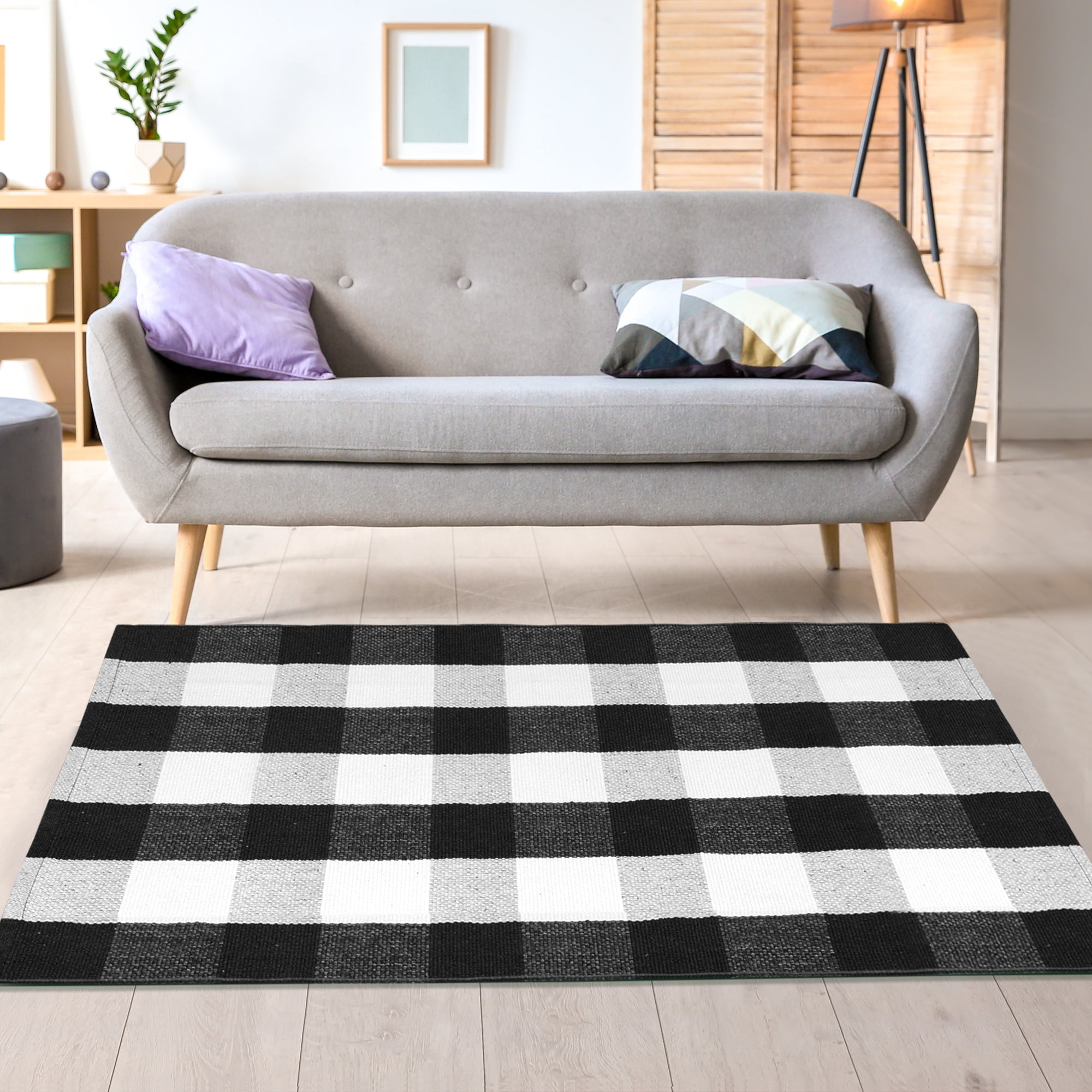 Unique Bargains Cotton Woven Checkered Area Floor Rug Carpet Mat Black & White 43"x28"