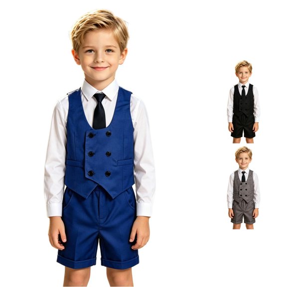 OSOLU Boys 3 Piece Set Formal Vest Shorts Neck Tie Back To School Attire Blue