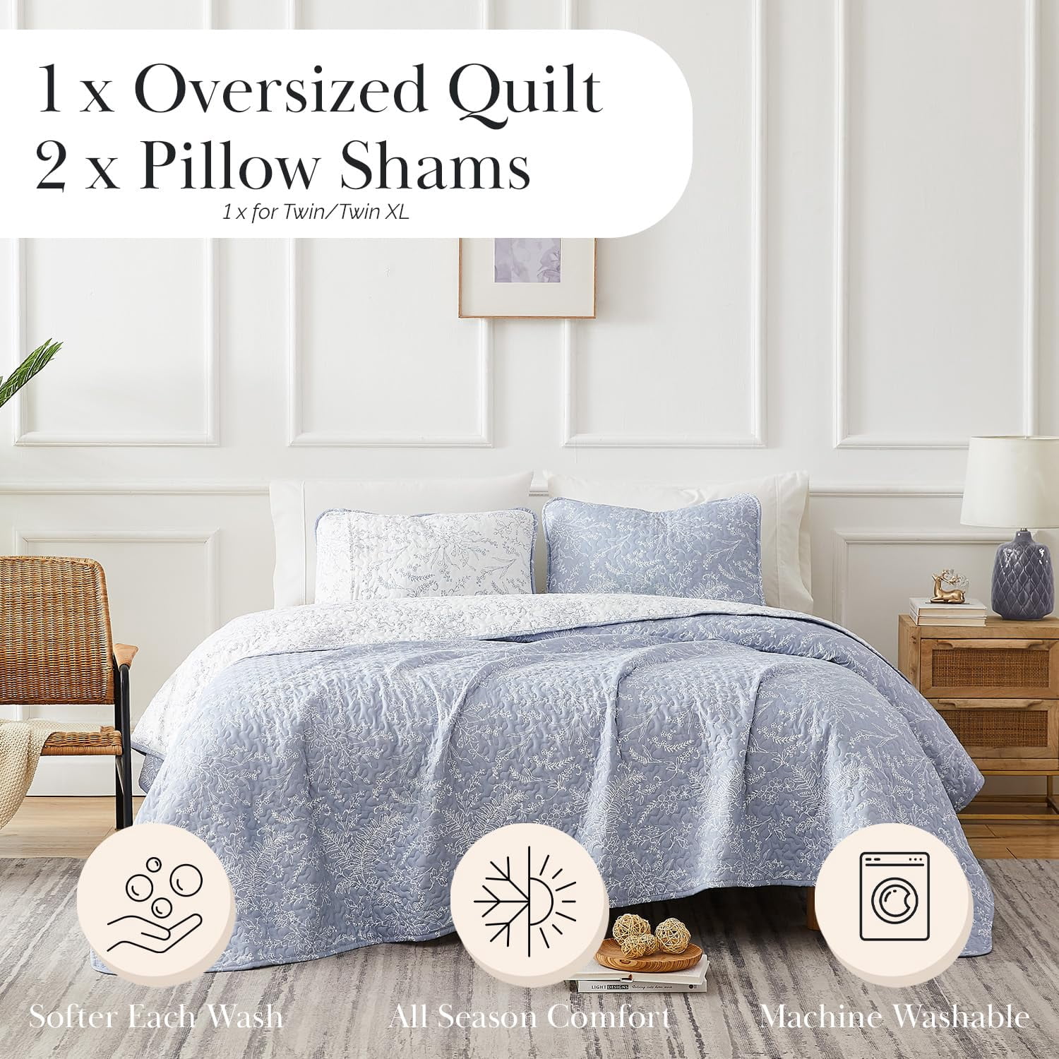 Elegant and Chic Lightweight Reversible Winter Brush Floral Patterned Quilt Set by Southshore Fine Linens