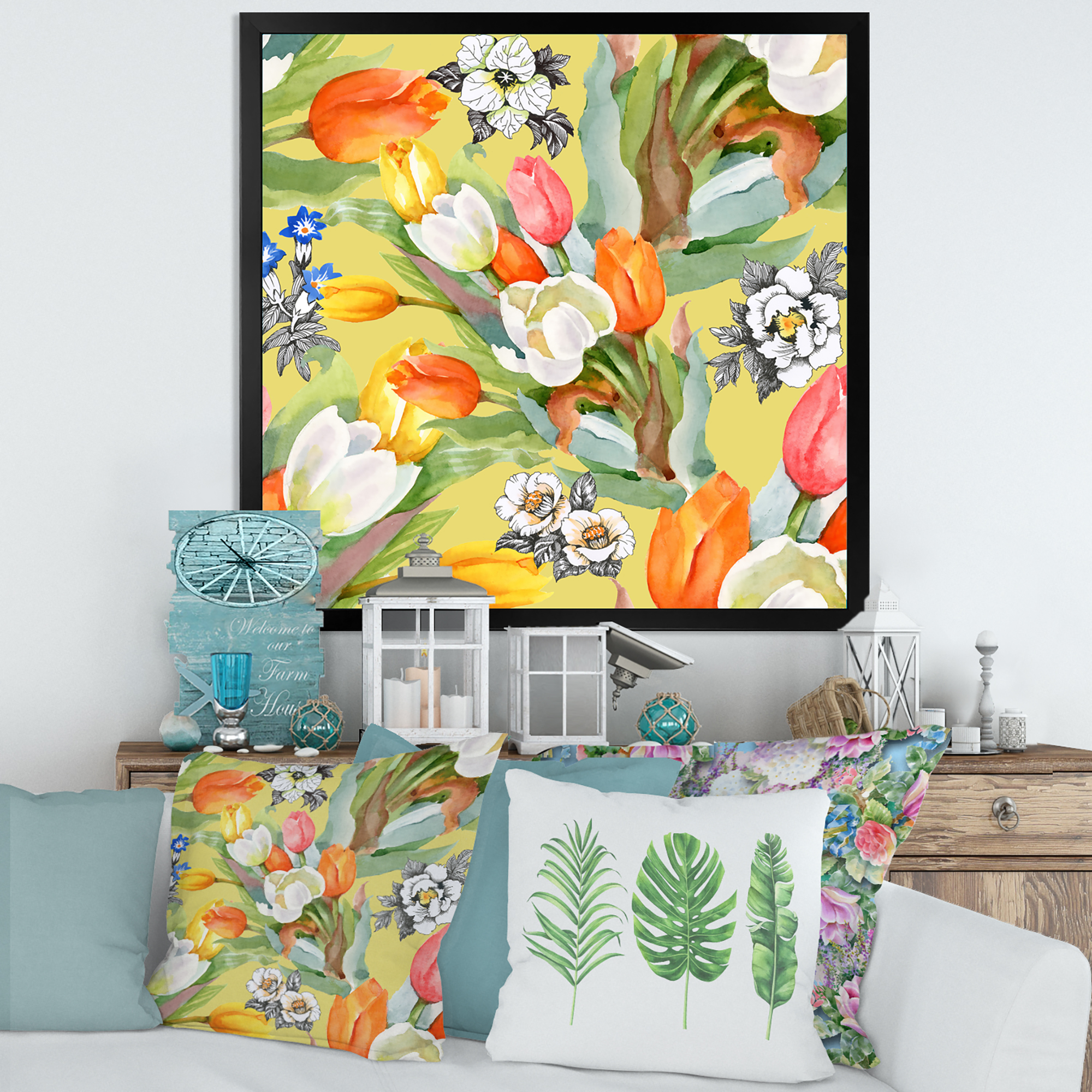 Designart 'Blooming Orange and White Tulips IV' Traditional Framed Art Print