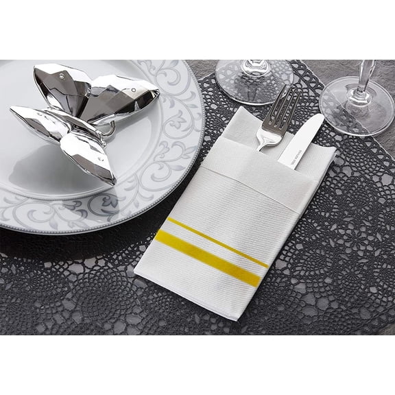 25PCS Disposable Dinner Napkins Cloth Like with Built-in Flatware Pocket,Wedding Party Linen Feel White and Golden Napkin, Prefolded for Silverware