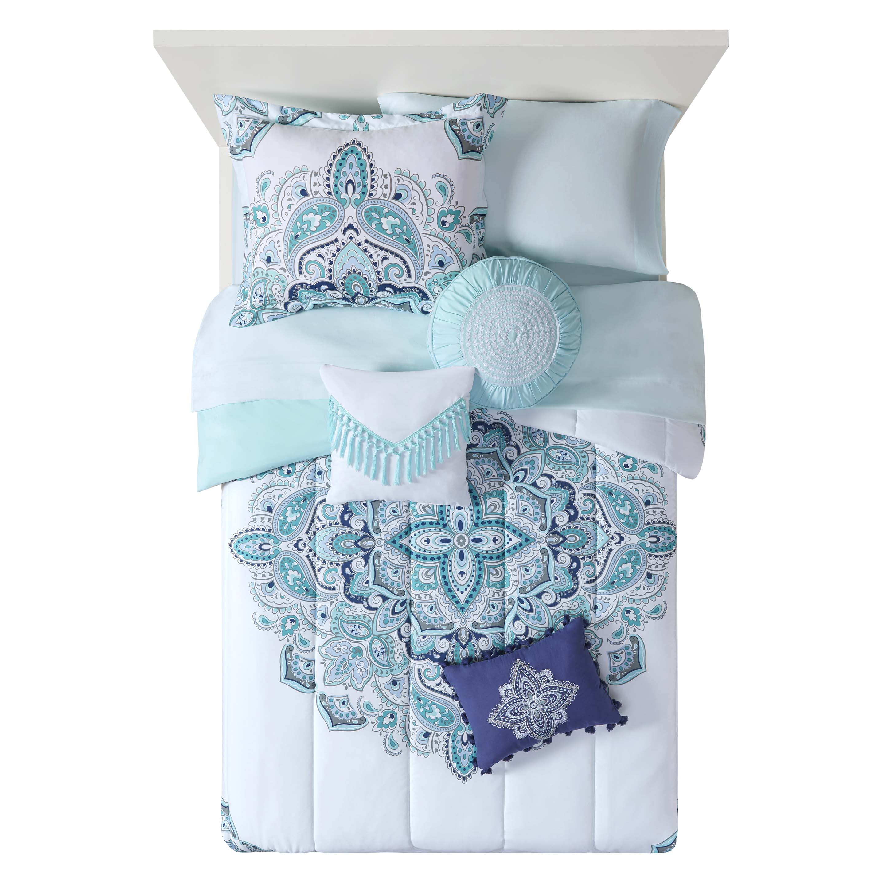 Mainstays 10-Piece Teal Medallion Bed in a Bag, Queen
