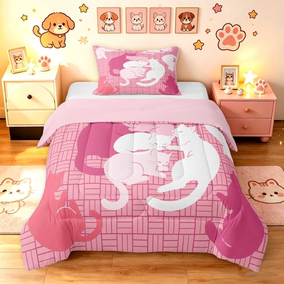 Manfei Pastel Cat Silhouette Twin Comforter Sets, Grid Lattice Bedding Set, Pink White, Pink Reversible, 2pcs, 1 Comforter and 1 Pillowcase