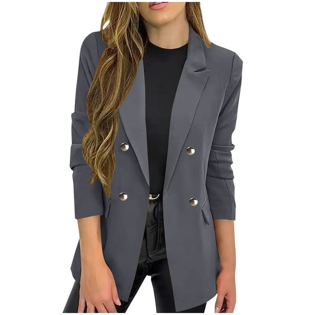 Blazer Vestes de Tailleur pour Femmes Unies à Boutons Col Rabattu Tendance Affaires Décontracté Veste Texturée avec Poches Bleu Marine P