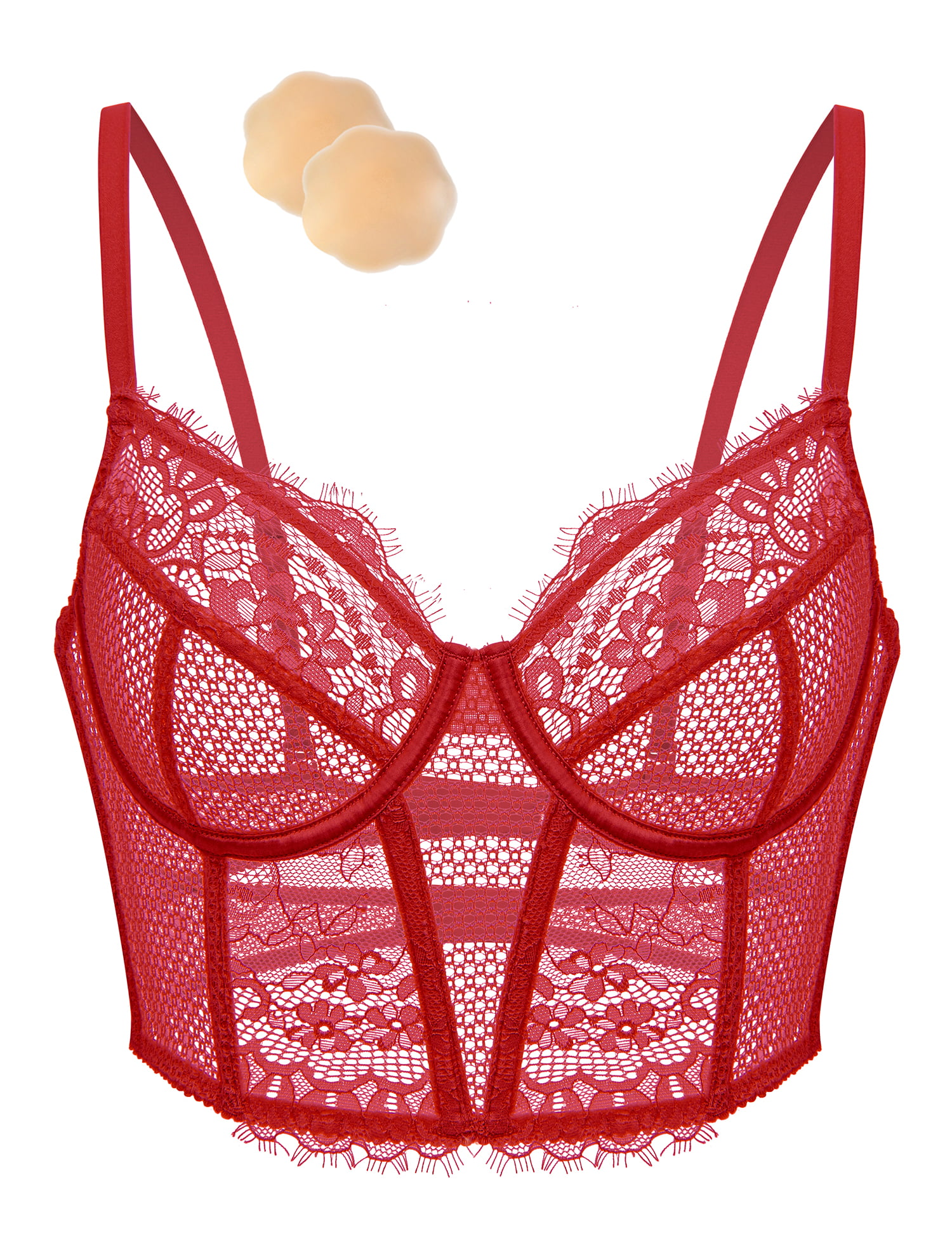 Wingslove Women's Sexy Lace Balconette Bra Longline See Through Unlined  Underwire Multiway Bralette with Silicone Nipple, Coral Orange 36DD 