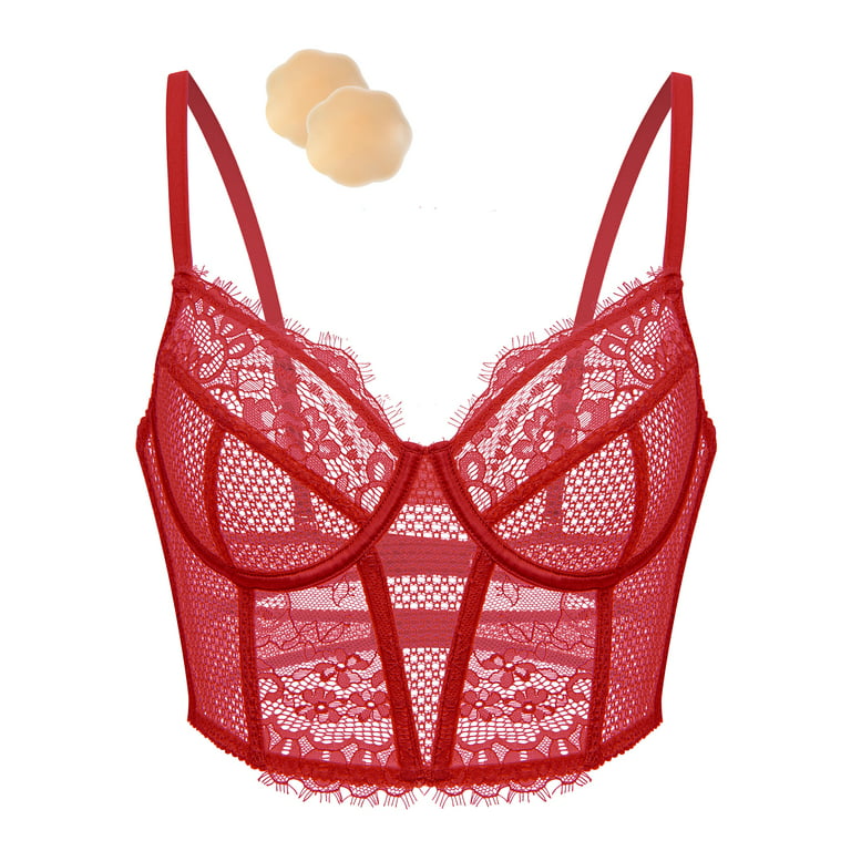 Wingslove Women's Sexy Lace Balconette Bra Longline See Through Unlined  Underwire Multiway Bralette with Silicone Nipple, Lava Red 38C