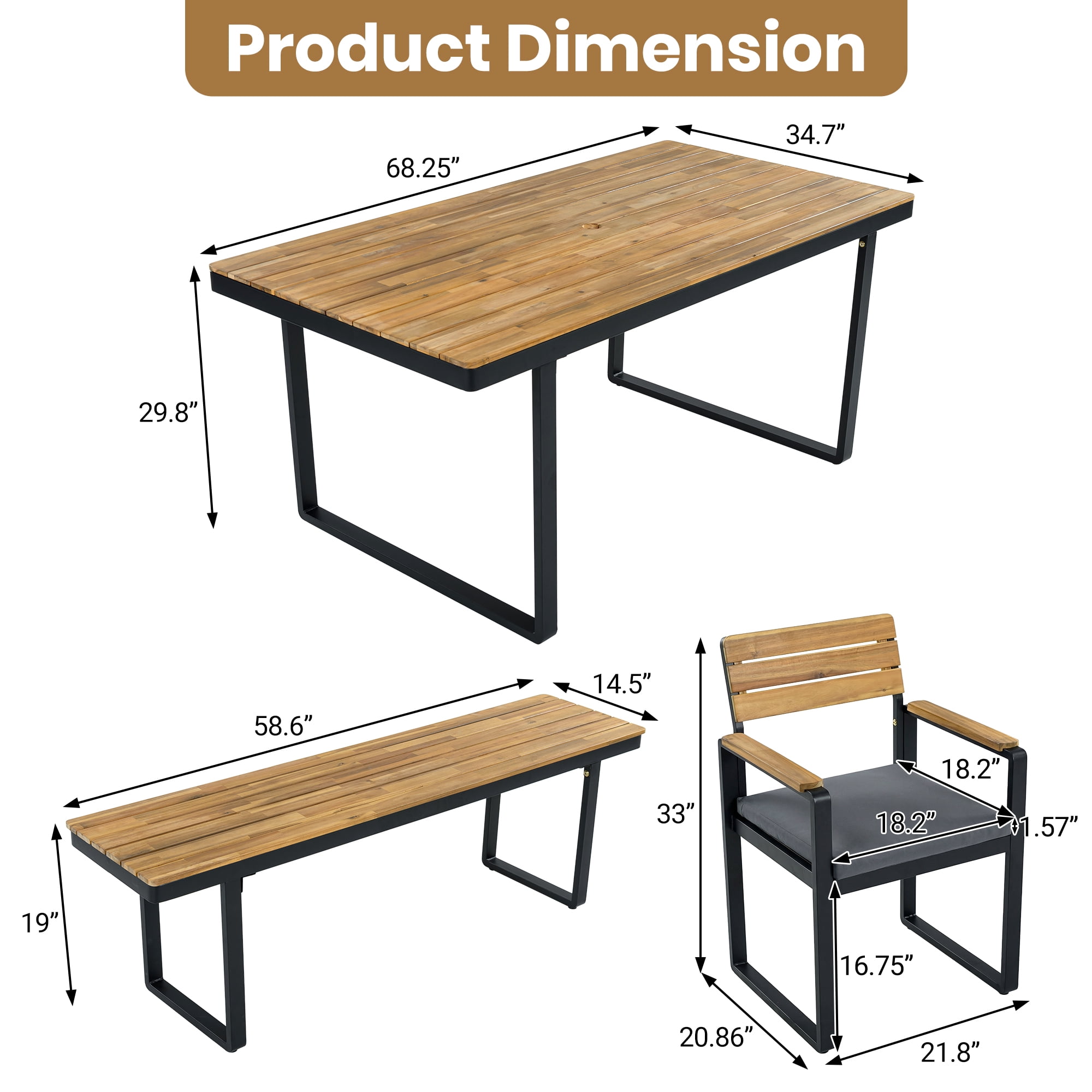 YIORTWO 6-Piece Outdoor Dining Set, Acacia Wood & Steel Patio Furniture for 6-7 Person, 1 Dining Table 4 Cushioned Chairs & 1 Bench, Gray