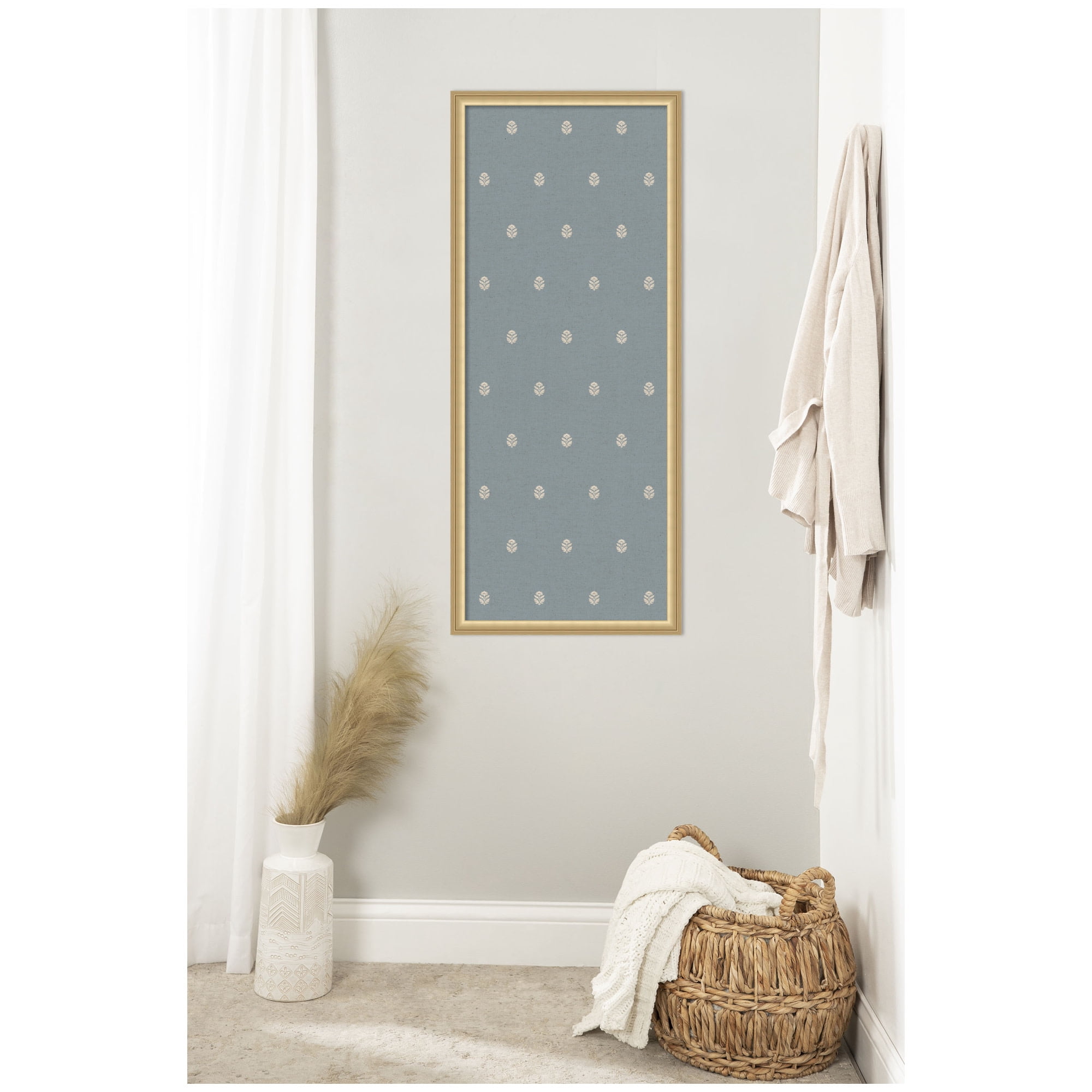Kate and Laurel Framed Fabric Pinboard 18 x 42, Blue Botanical Block Print Printed Linen Classic Bulletin Board for Use as a Vision Board or Wall Organization, Florence Gold Frame