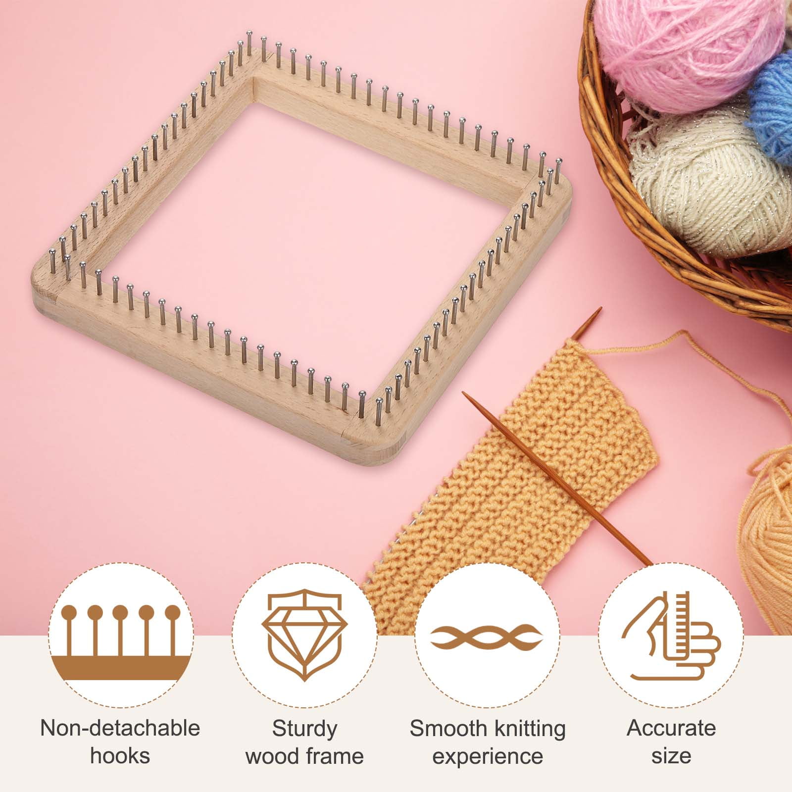 Uxcell 7.87"x7.87" Knitting Loom, Wooden Square Knitting Board Crochet Tool for Weaving Hats Scarves
