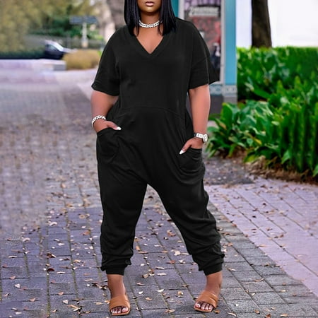 

Jumpsuit for Women! MIARHB Plus Size V Neck Short Sleeve Zipper Overalls with Pockets Wide Long Black L
